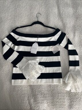 English Factory Striped Boatneck Sweater with Lace Bell Cuffs